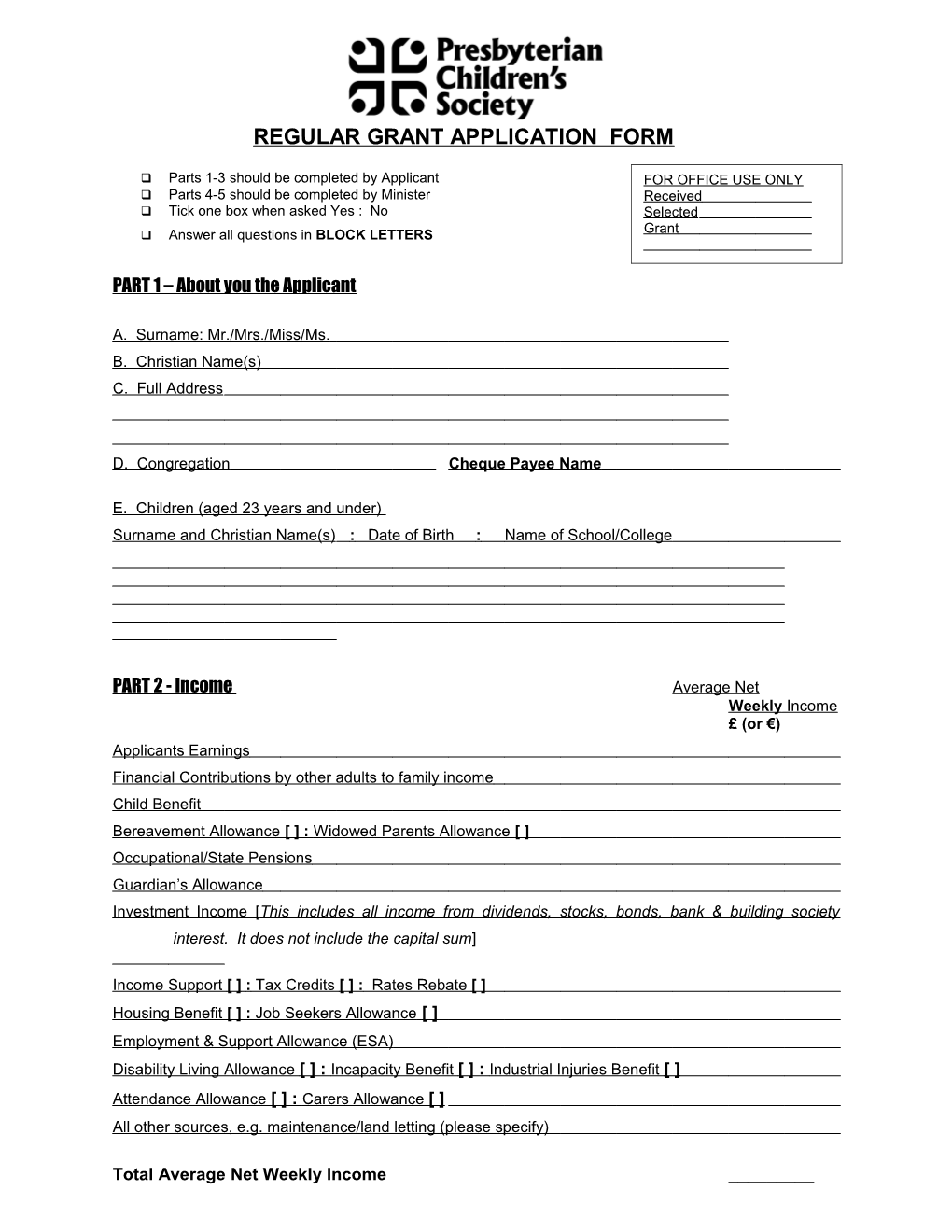 Regular Grant Application Form