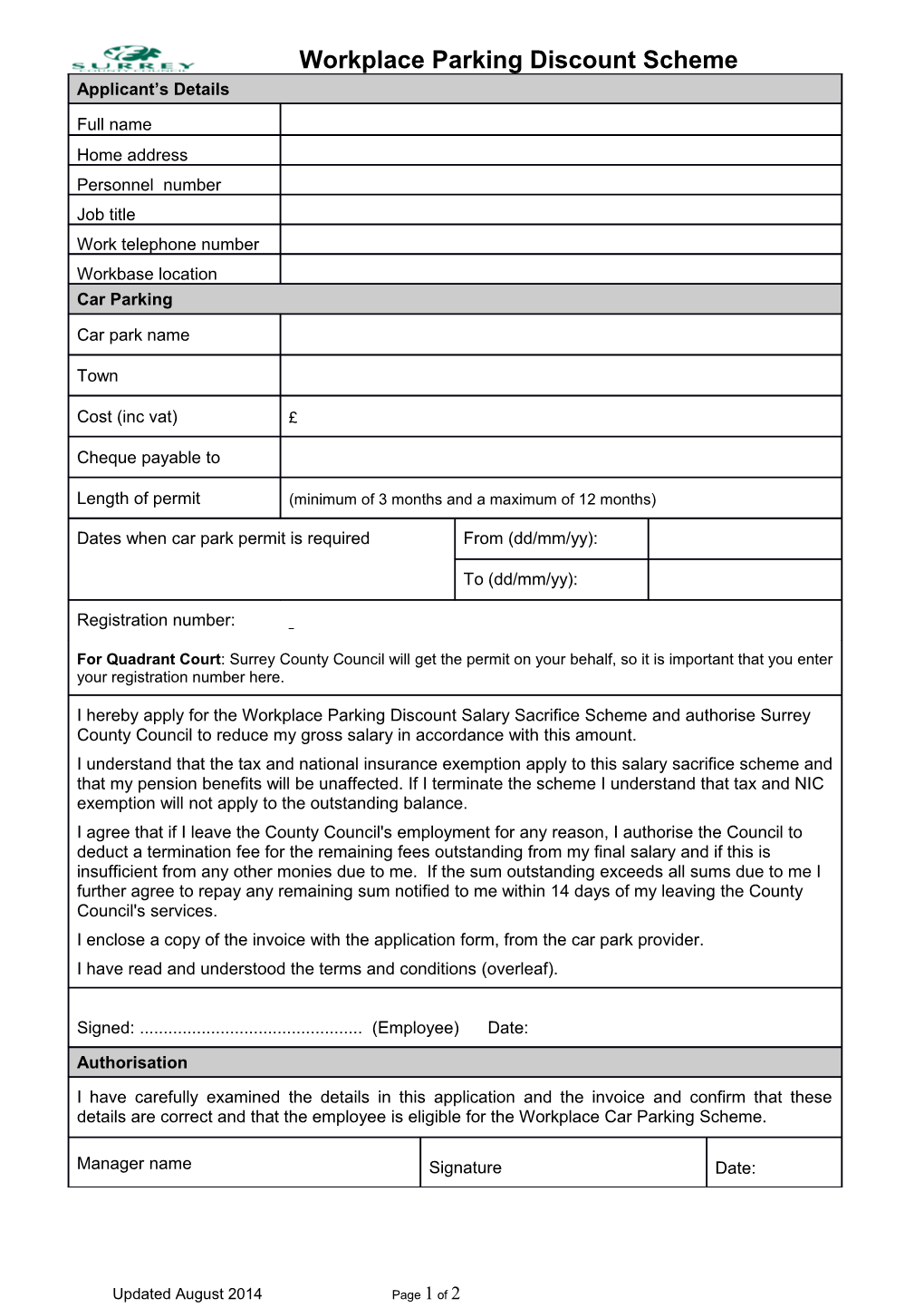 Workplace Parking Application Form