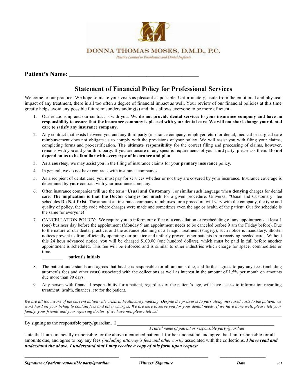 Statement of Financial Policy for Professional Services