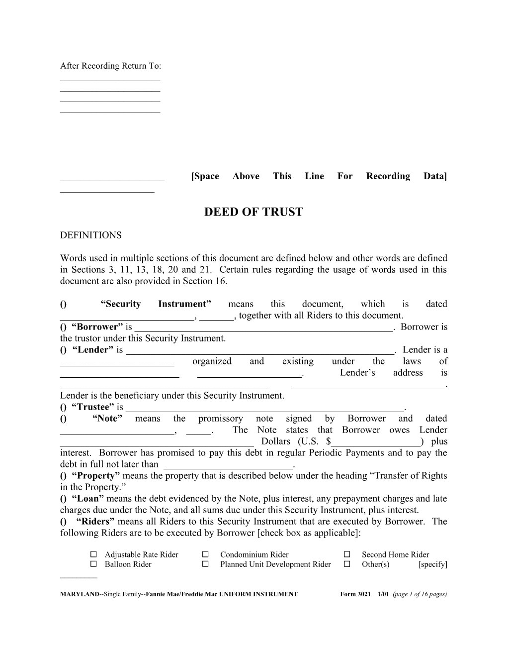Maryland Security Instrument (Form 3021): Word