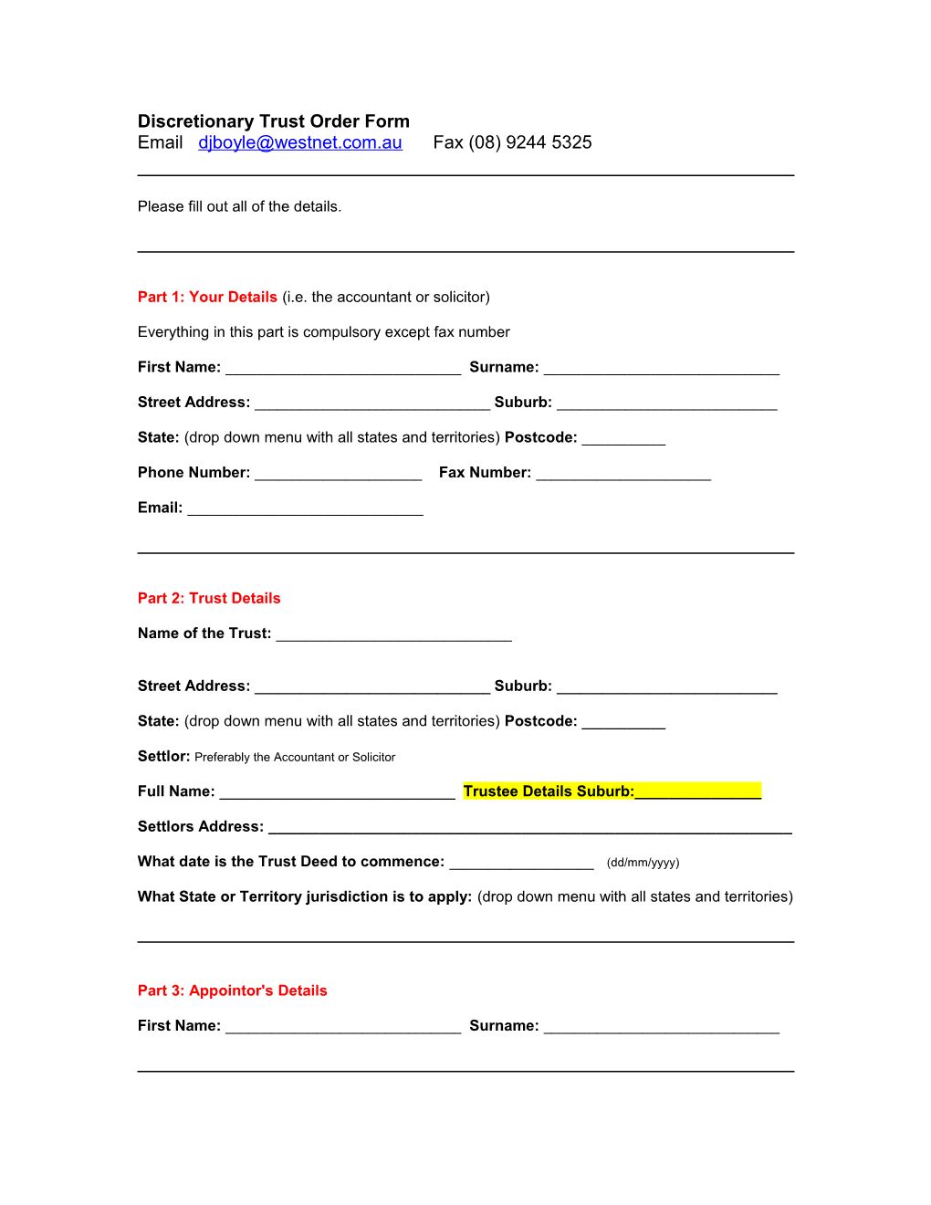 Discretionary Trust Order Form