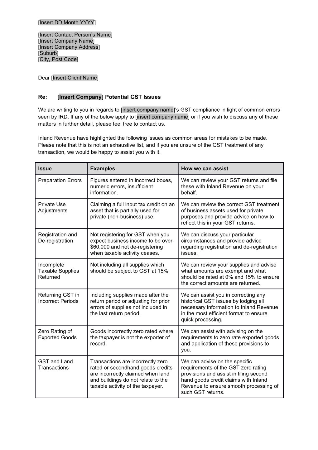 Common GST Issues Client Letter New Zealand