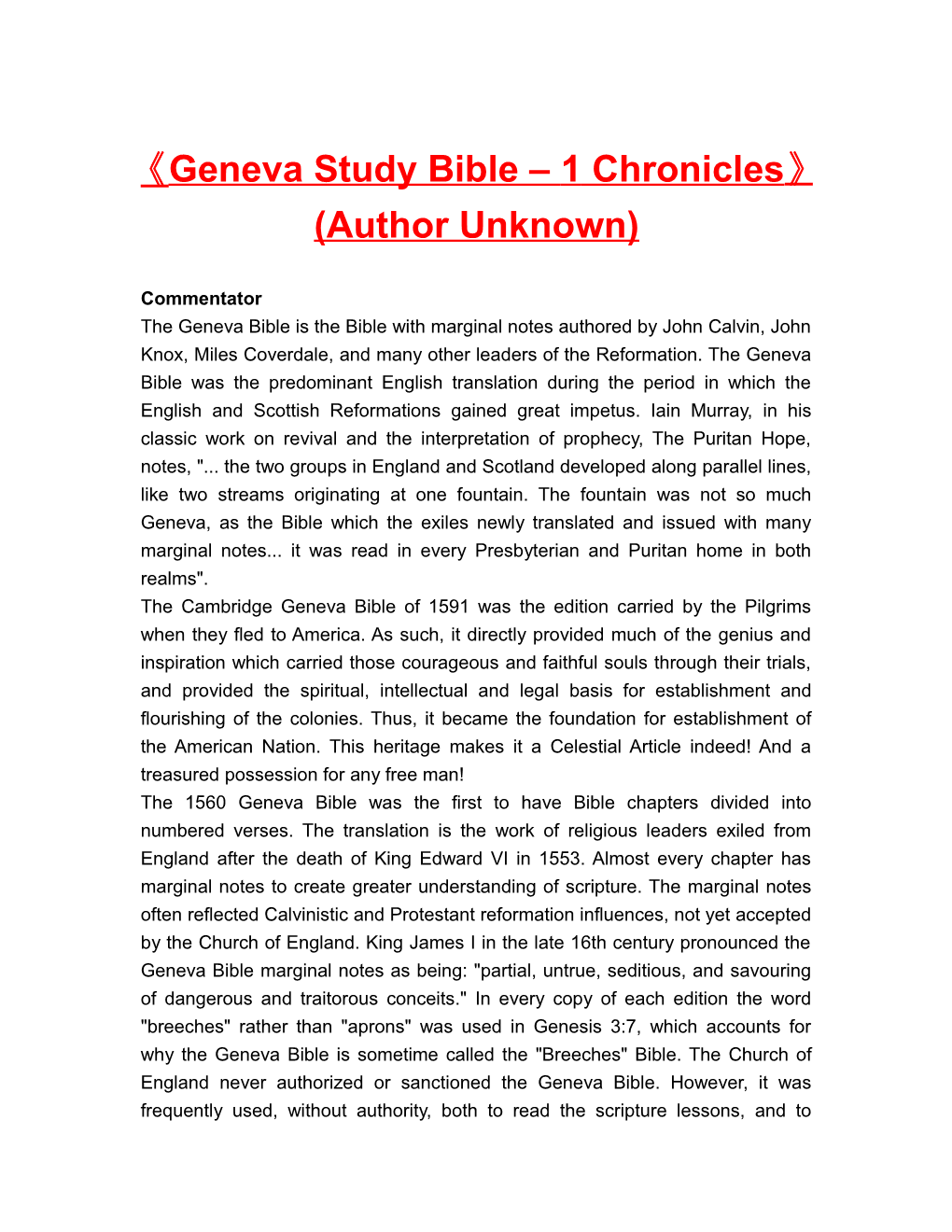 Geneva Study Bible 1 Chronicles (Author Unknown)