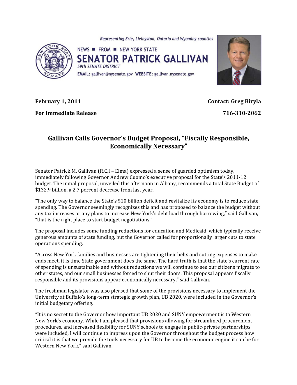 Gallivan Calls Governor S Budget Proposal, Fiscally Responsible, Economically Necessary