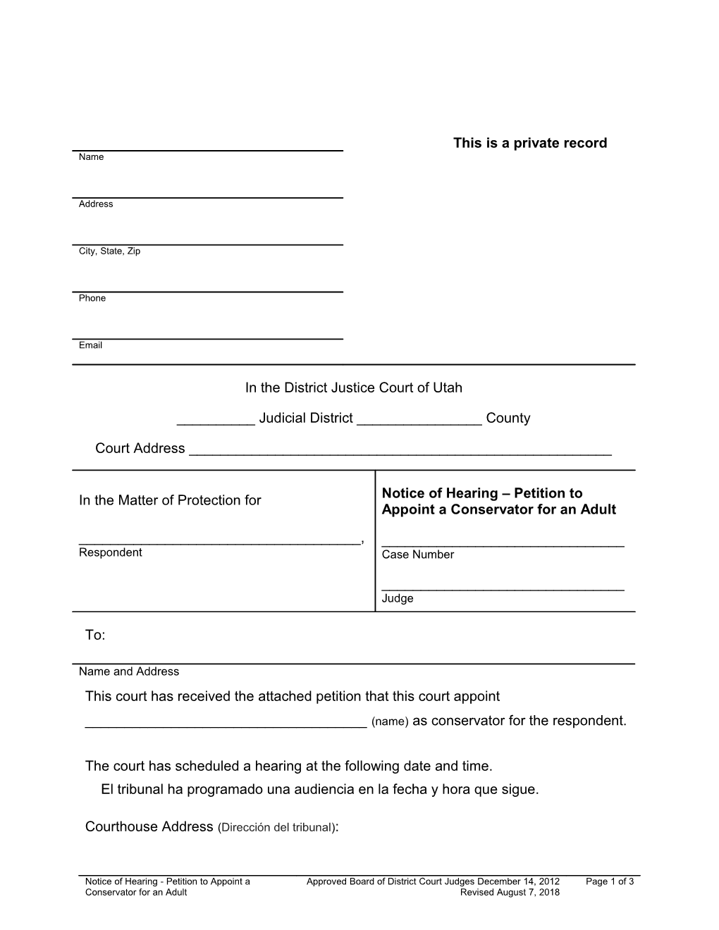 Notice of Hearing Petition to Appoint a Conservator for an Adult