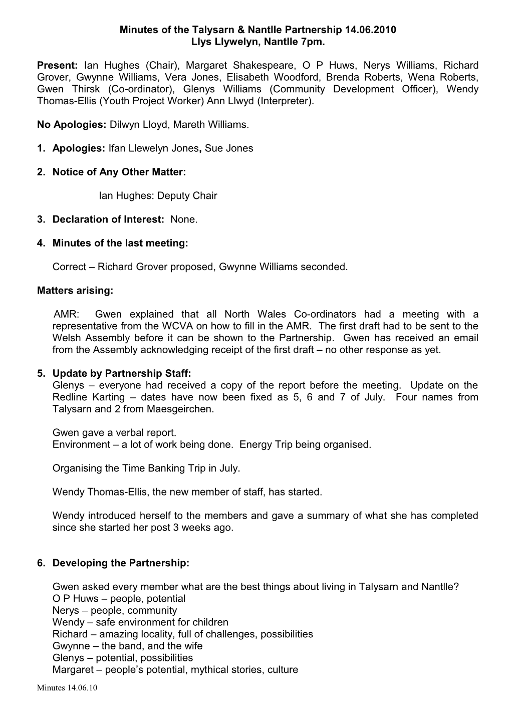 Minutes of the Talysarn & Nantlle Partnership 10