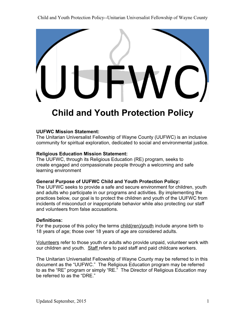 Child and Youth Protection Policy Unitarian Universalist Fellowship of Wayne County
