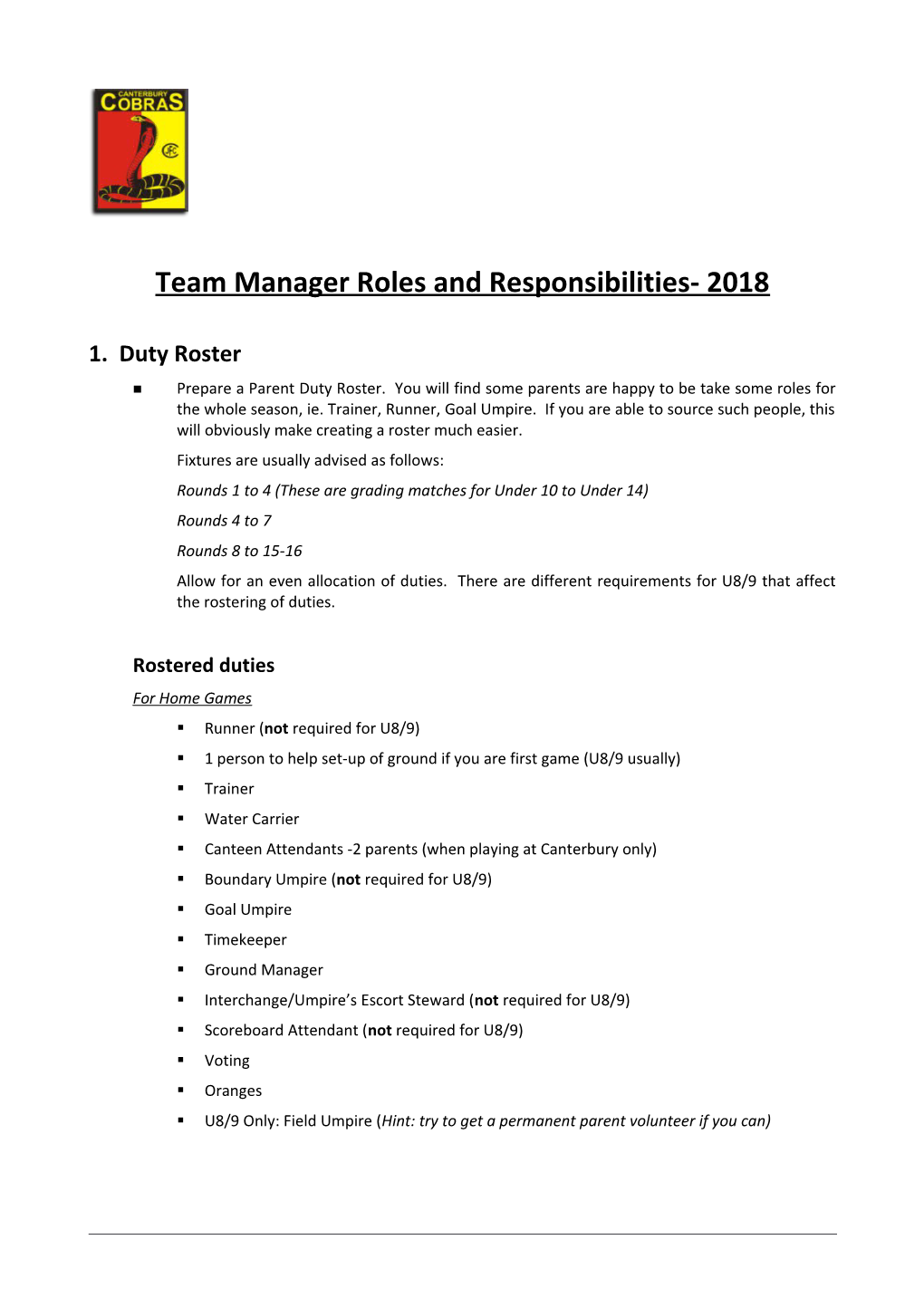 Team Manager Roles and Responsibilities- 2018