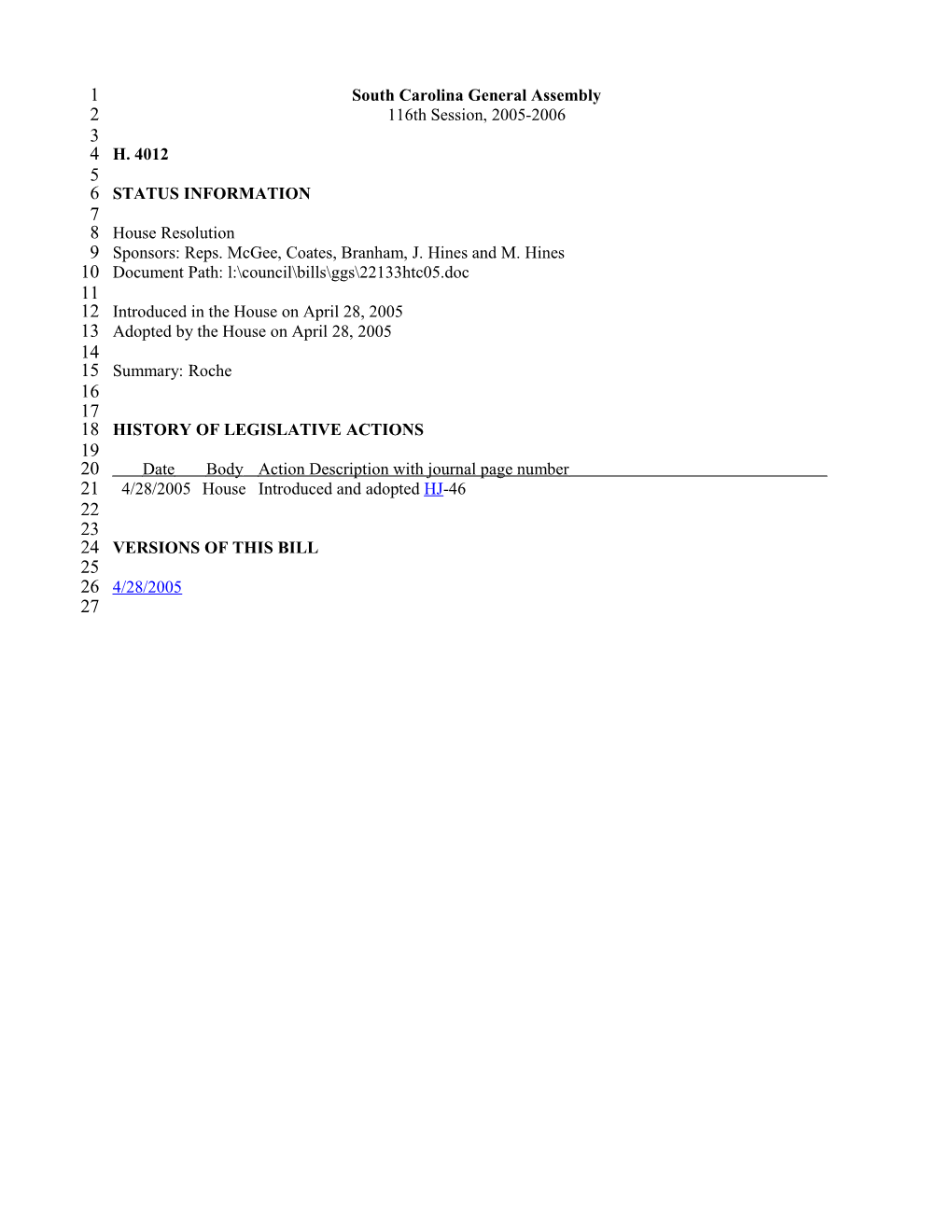 2005-2006 Bill 4012: Roche - South Carolina Legislature Online