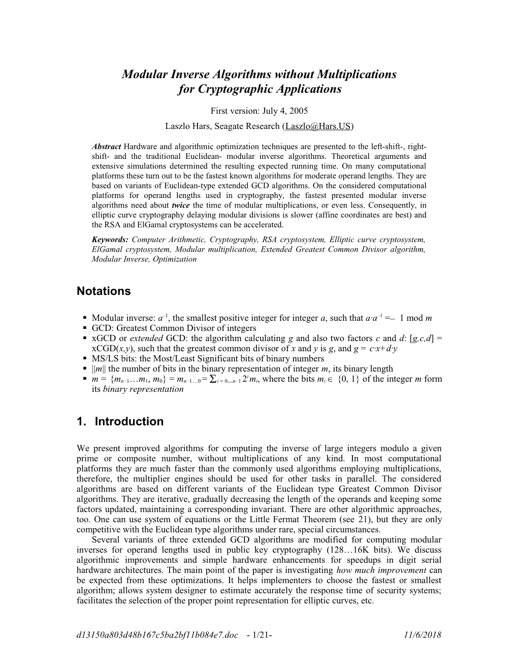 Modular Inverse Algorithms W/O Multiplications