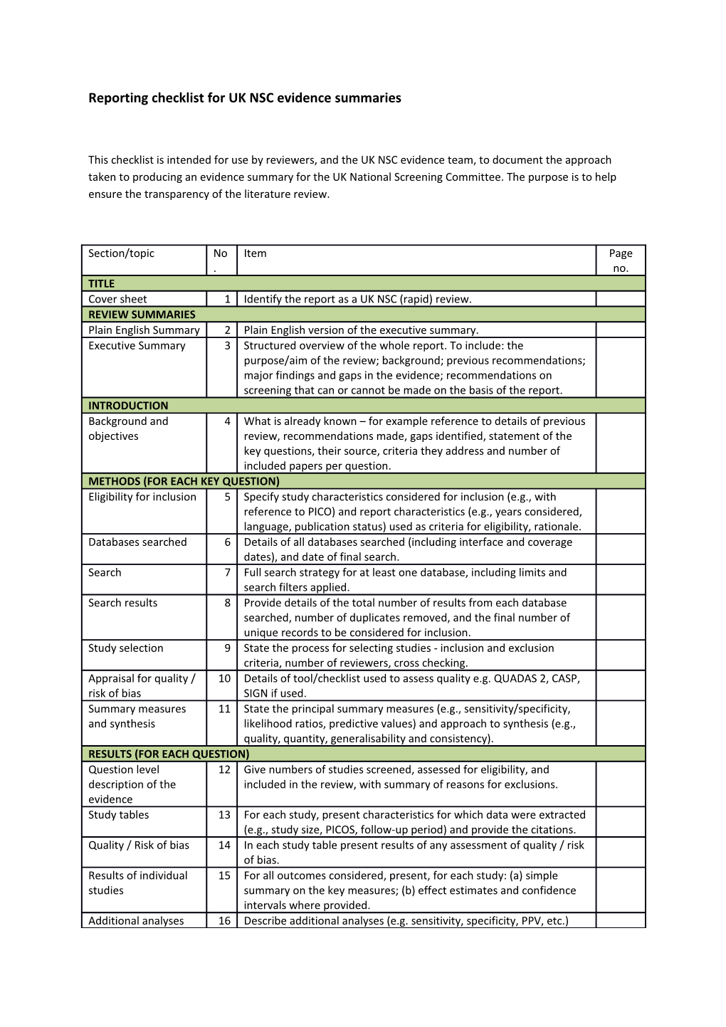 Reporting Checklist for UK NSC Evidence Summaries