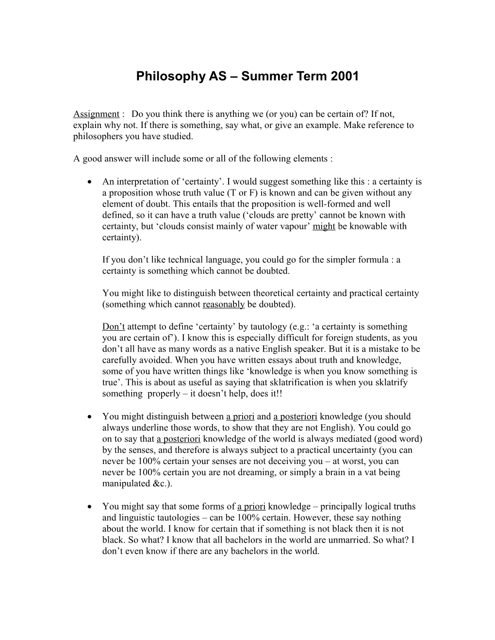 Philosophy AS Summer Term 2001