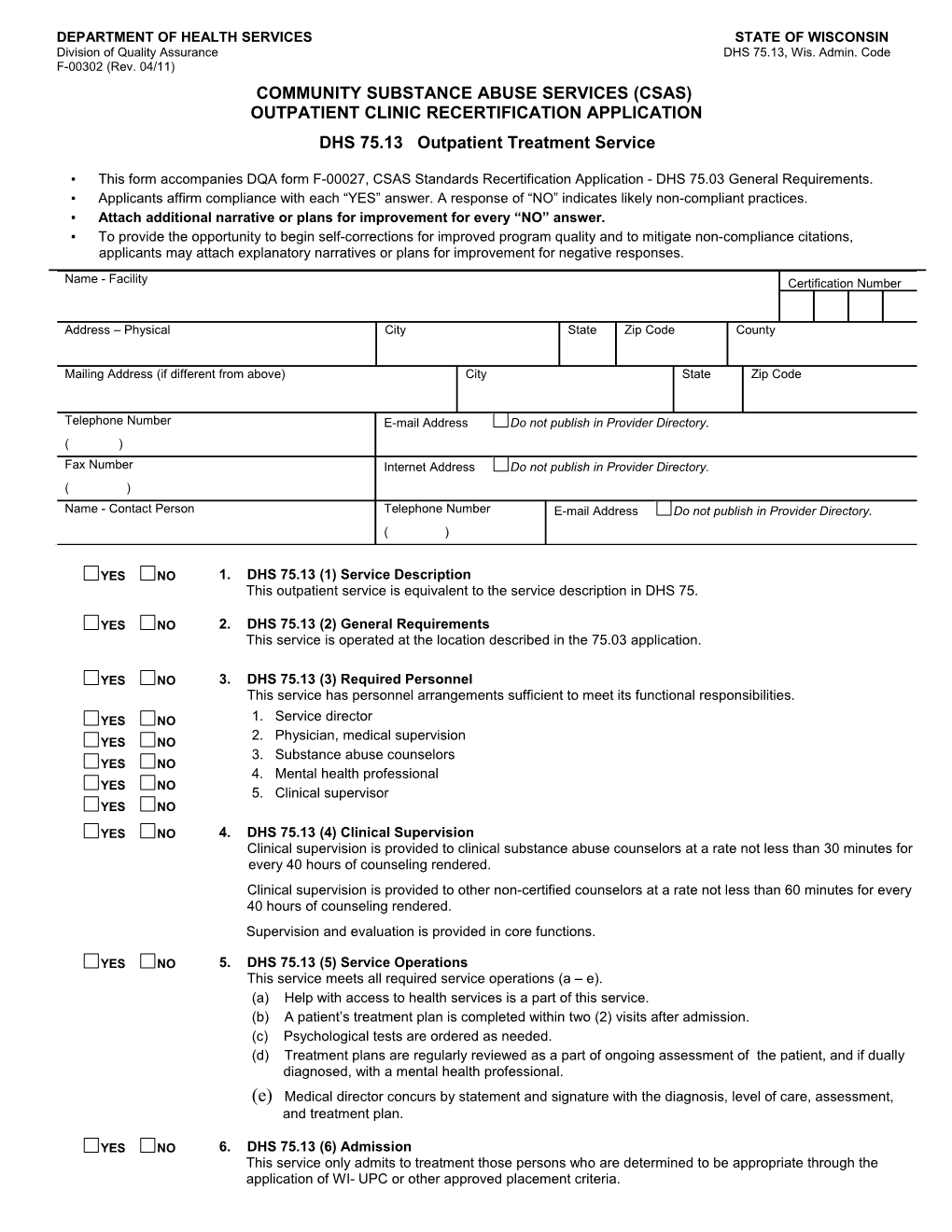 Community Substance Abuse Services (CSAS) Outpatient Clinic Renewal Application - DHS 75.13