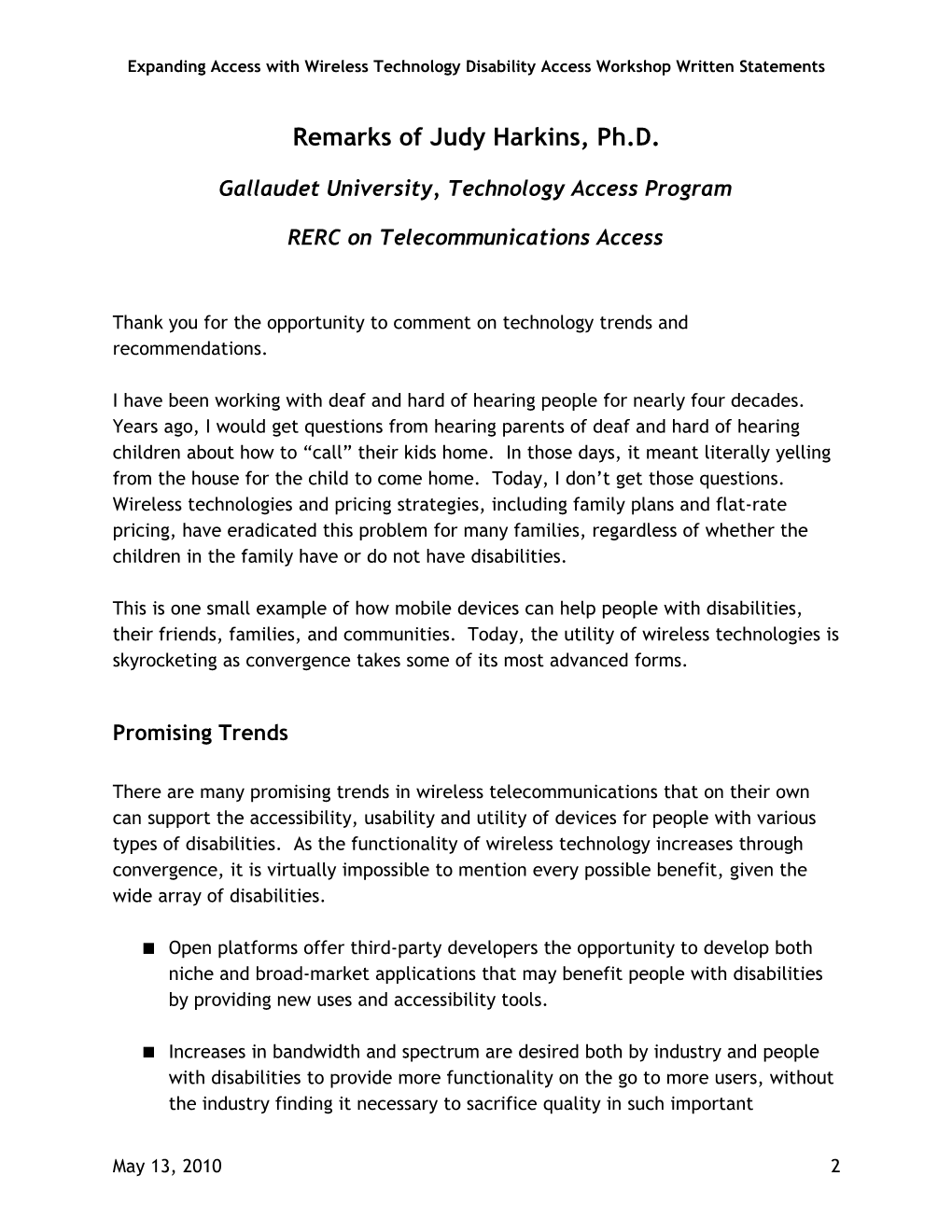 Expanding Access with Wireless Technology Disability Access Workshop Written Statements