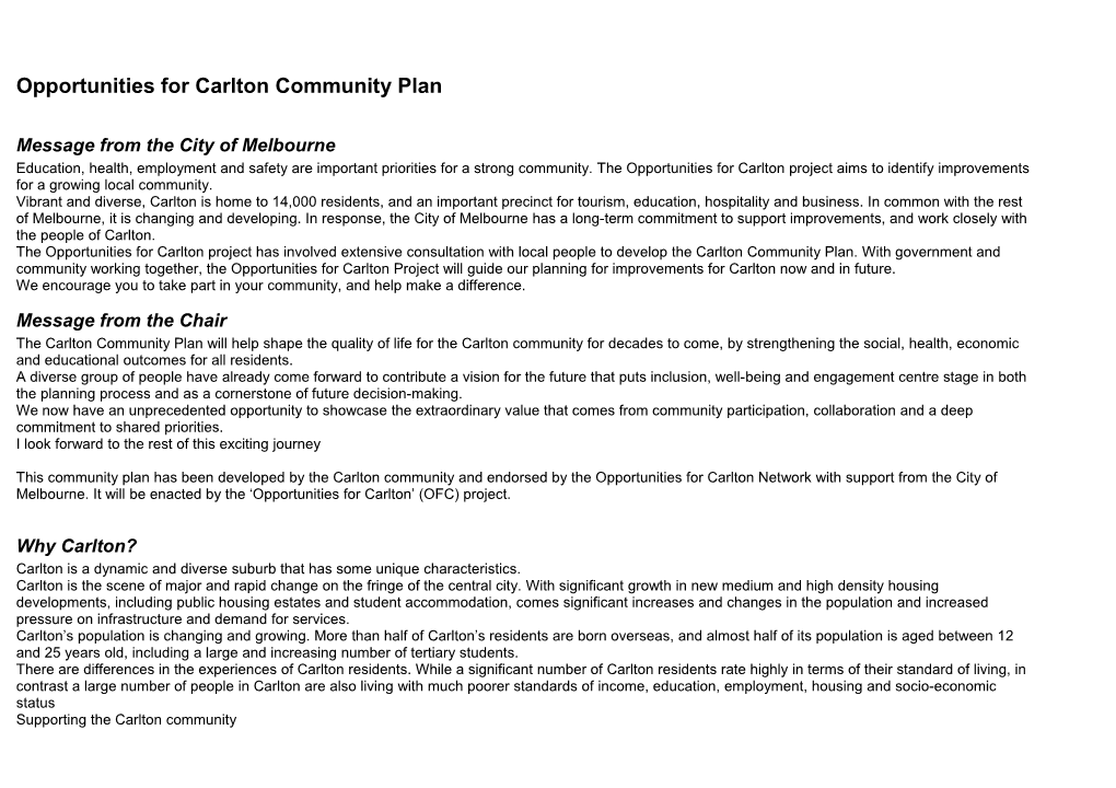 Opportunities for Carlton Community Plan