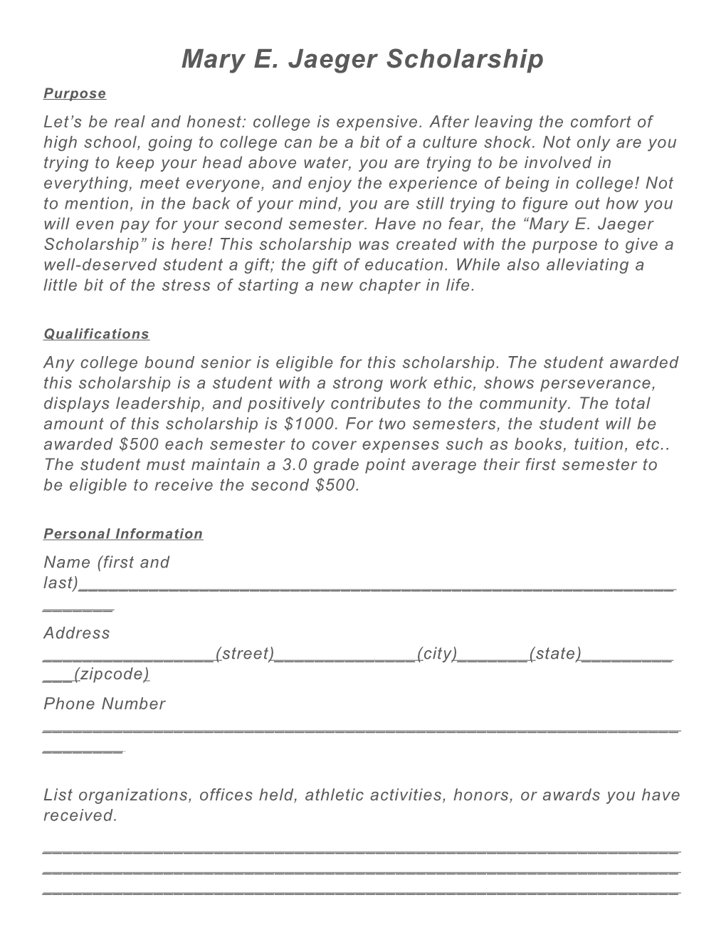 Mary E. Jaeger Scholarship