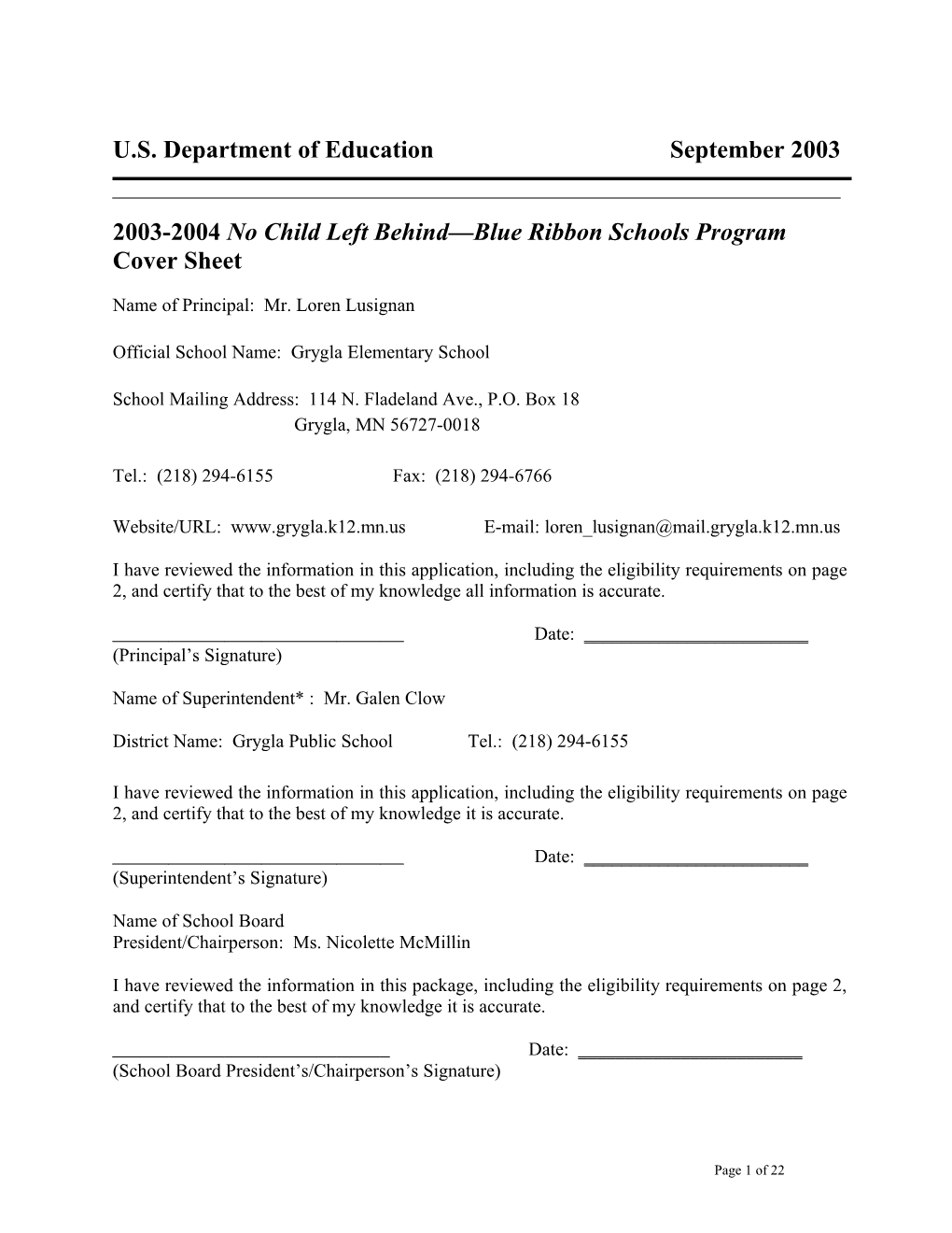 Grygla Elementary School 2004 No Child Left Behind-Blue Ribbon School Application (Msword)