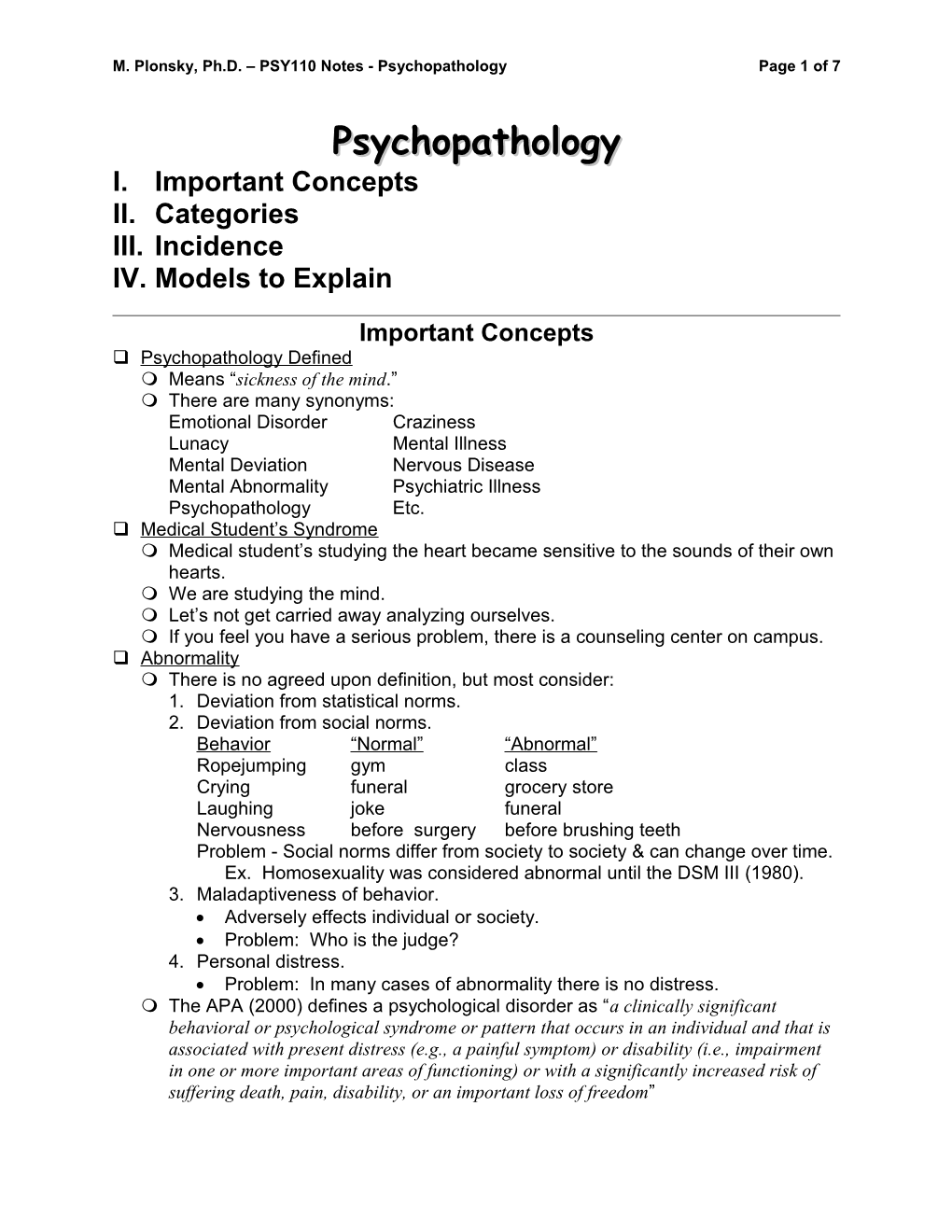 M. Plonsky, Ph.D. PSY110 Notes - Psychopathologypage 1 of 7