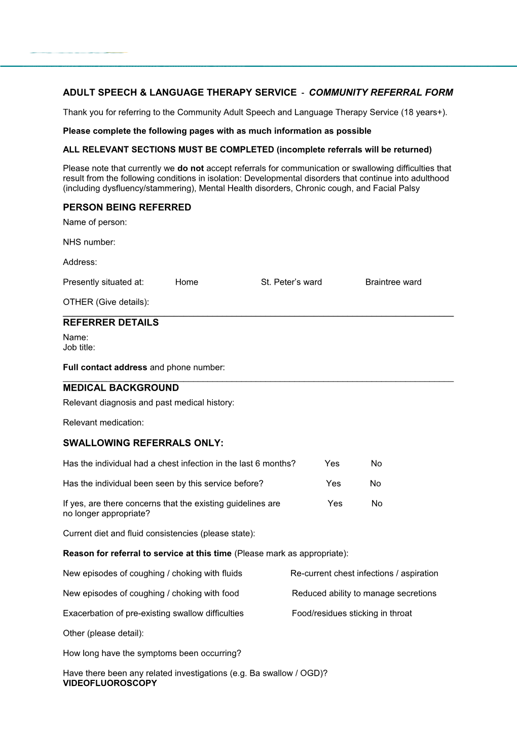 Adult Speech & Language Therapyservice - Community Referral Form