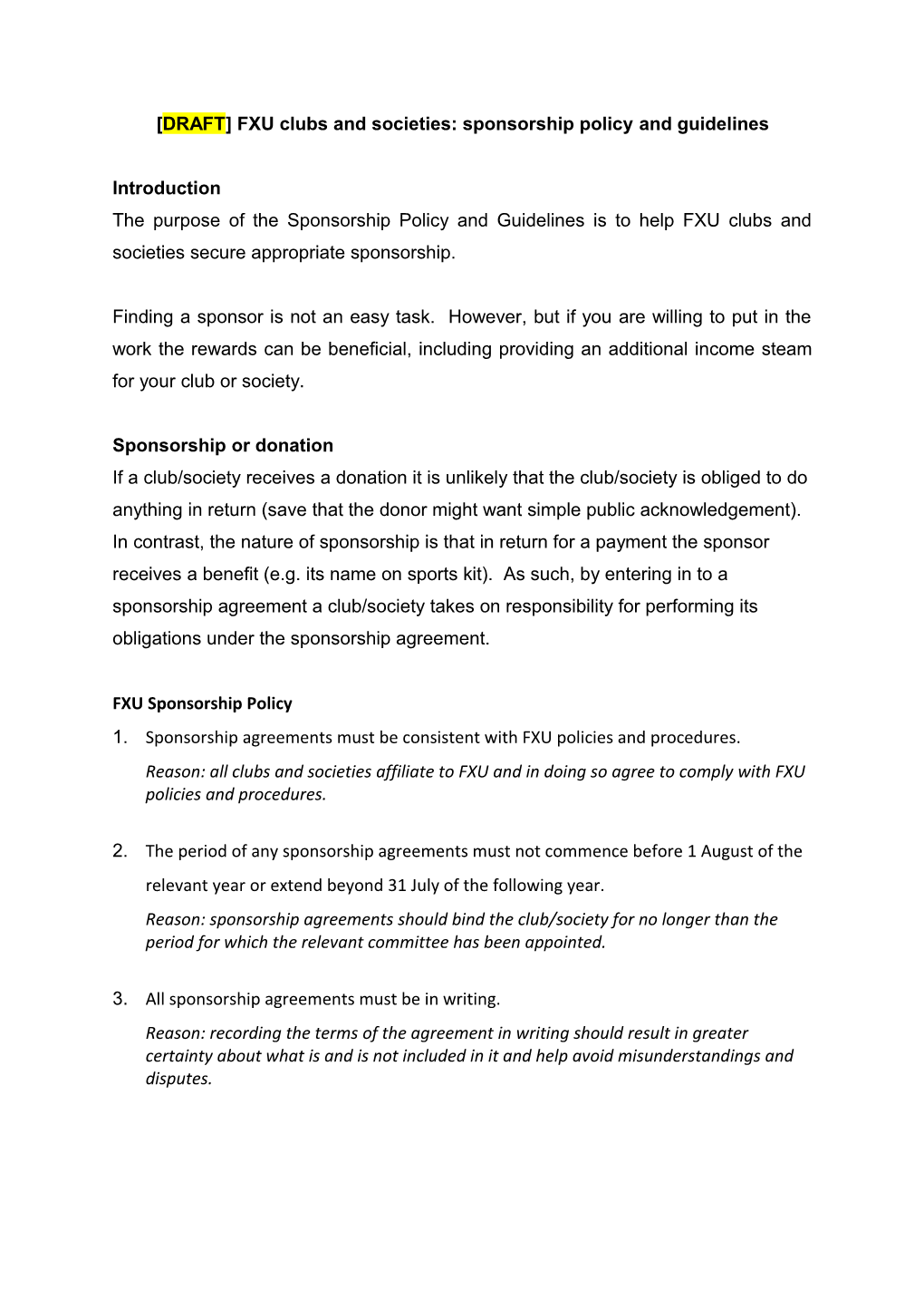 DRAFT FXU Clubs and Societies: Sponsorship Policy RS1 and Guidelines