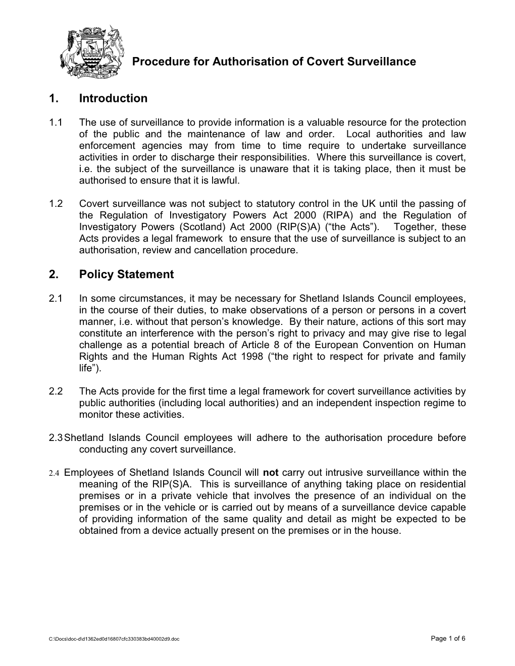 Procedure for Authorisation of Covert Surveillance