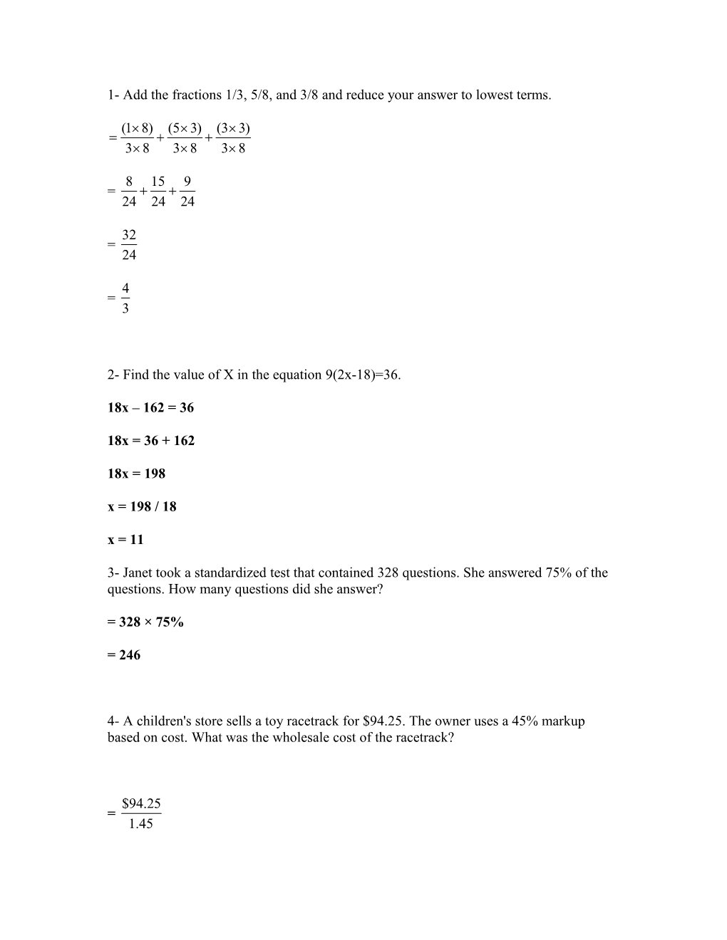 1- Add the Fractions 1/3, 5/8, and 3/8 and Reduce Your Answer to Lowest Terms