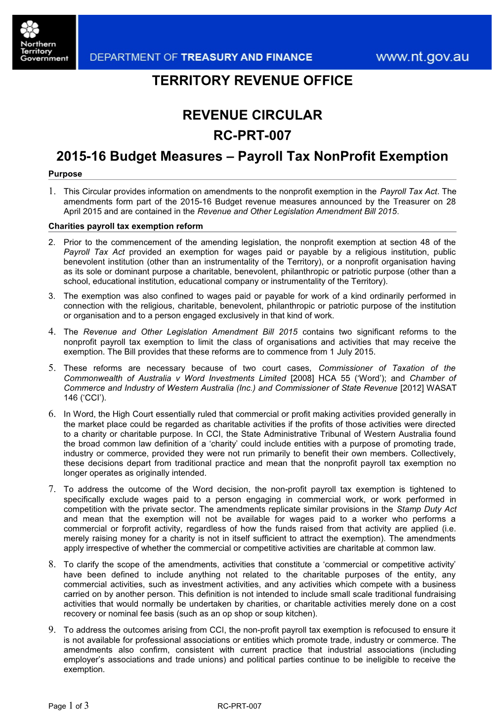 2015-16 Budget Measures Payroll Tax Non-Profit Exemption