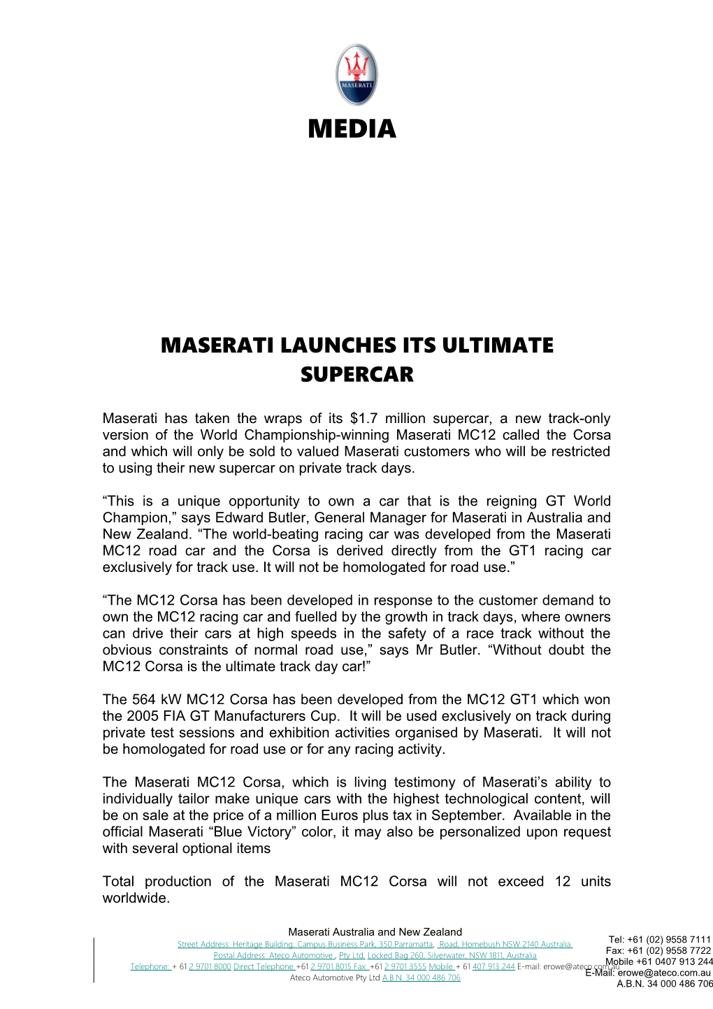 Maserati Launches Its Ultimate Supercar