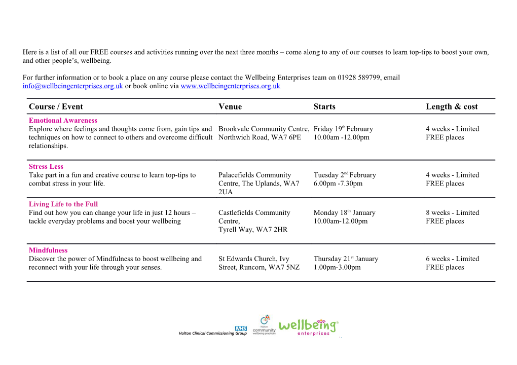 Here Is a List of All Our FREE Courses and Activities Running Over the Next Three Months