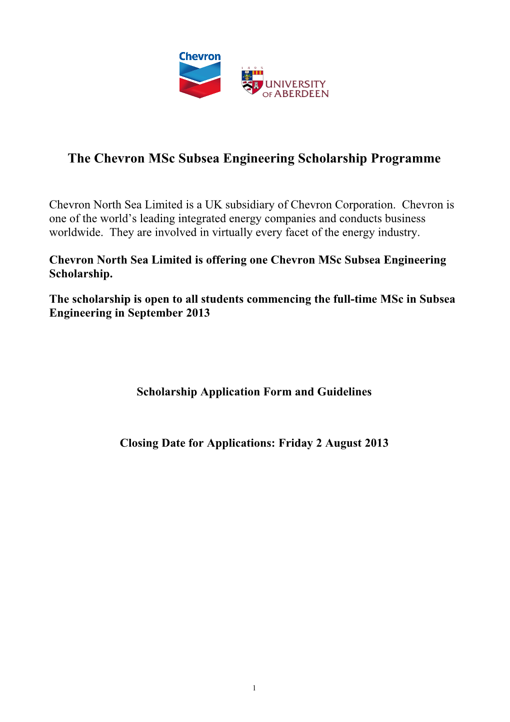 The Chevron Msc Subseaengineering Scholarship Programme
