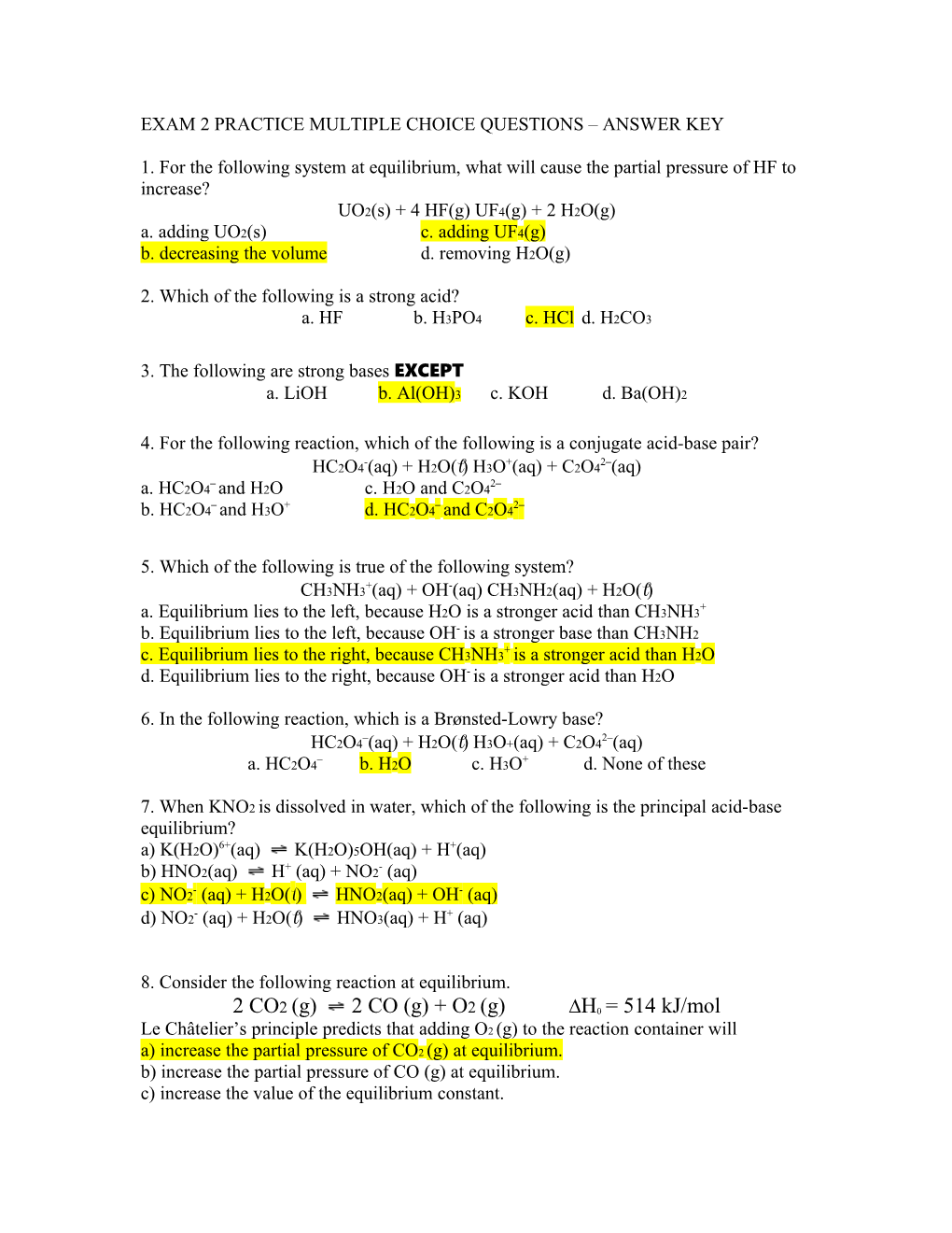 Exam 2 Practice Multiple Choice Questions Answer Key
