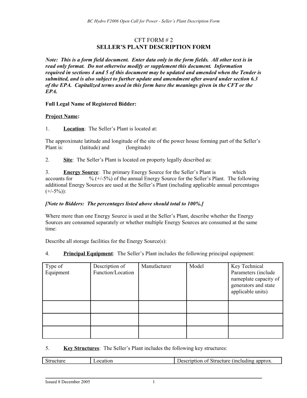 F2006 Open Call for Power - Seller S Plant Description Form