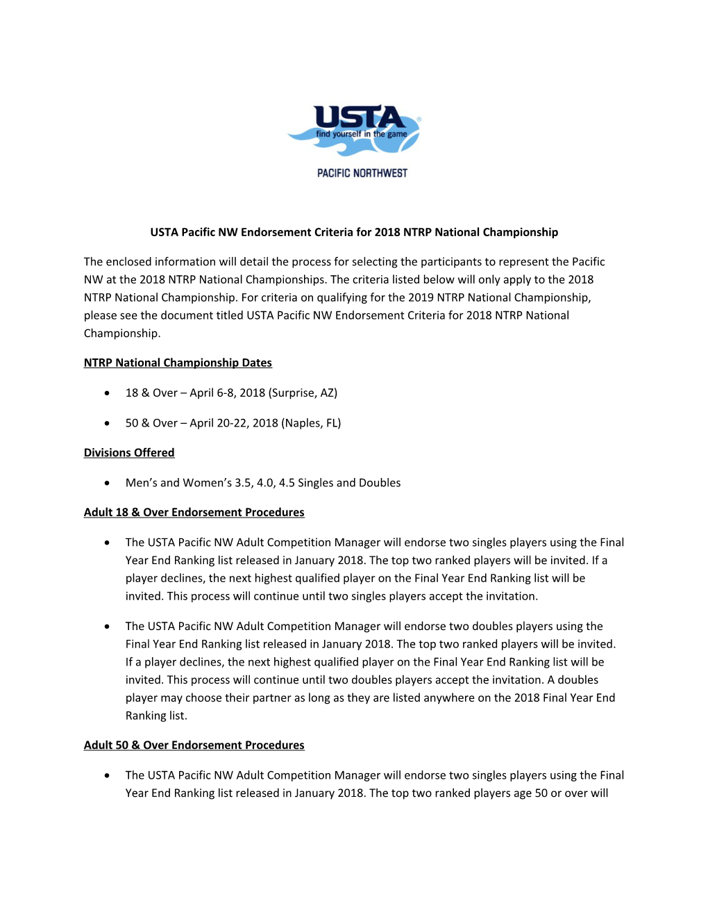 USTA Pacific NW Endorsement Criteria for 2018 NTRP National Championship