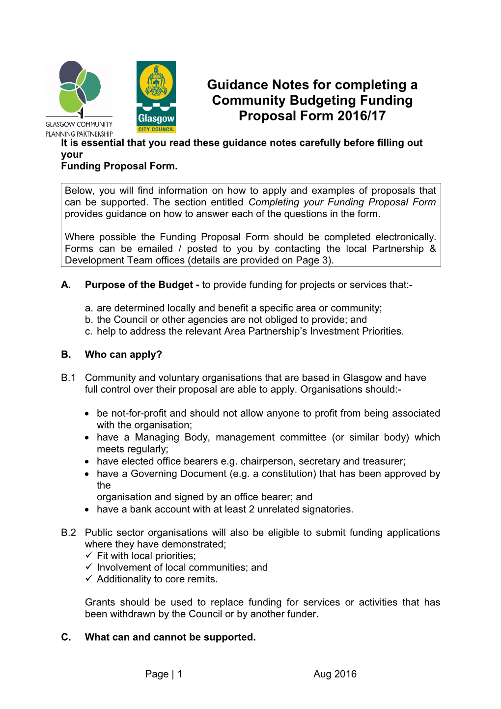 Guidance Notes for Completing a Community Budgeting Funding Proposal Form 2016/17