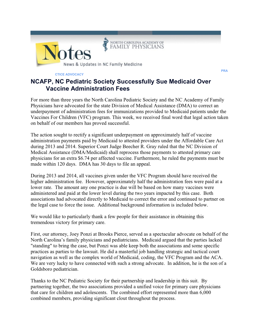 NCAFP, NC Pediatric Society Successfully Sue Medicaid Over Vaccine Administration Fees