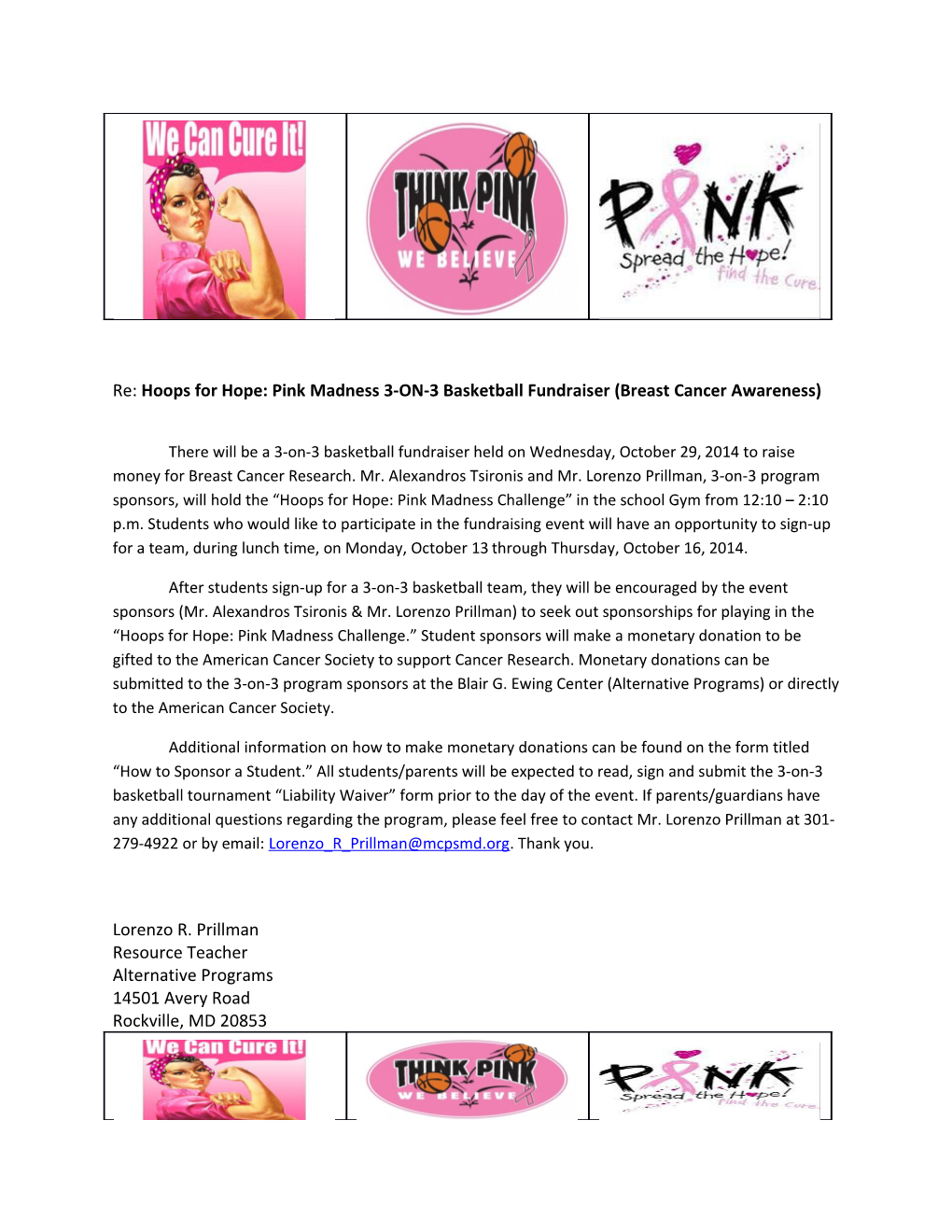 Re: Hoops for Hope: Pink Madness 3-ON-3 Basketball Fundraiser (Breast Cancer Awareness)
