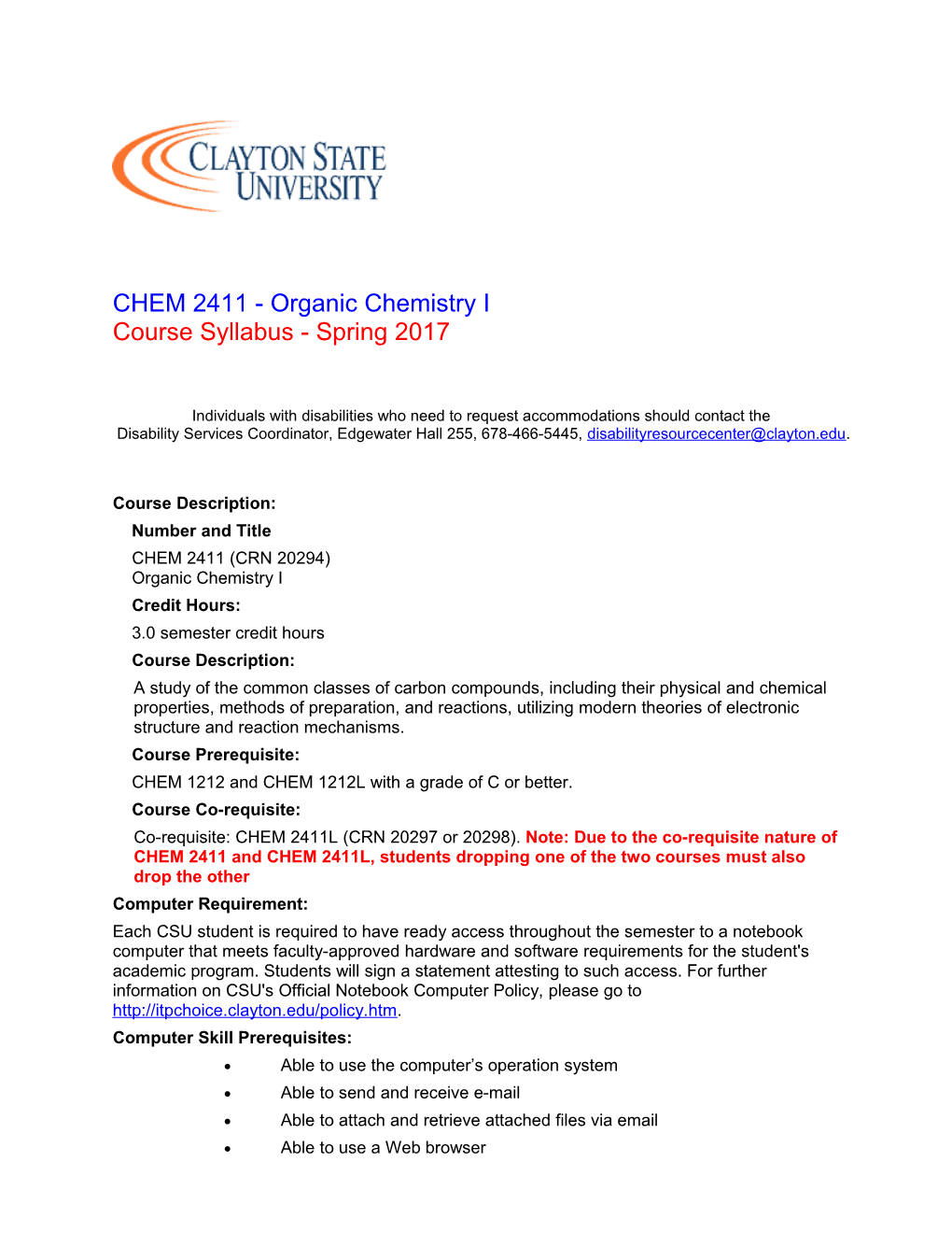CHEM 2411 - Organic Chemistry I Course Syllabus - Spring2017