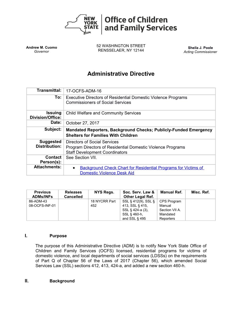 17-OCFS-ADM-16 Mandated Reporters, Background Checks; Publicly-Funded Emergency Shelters