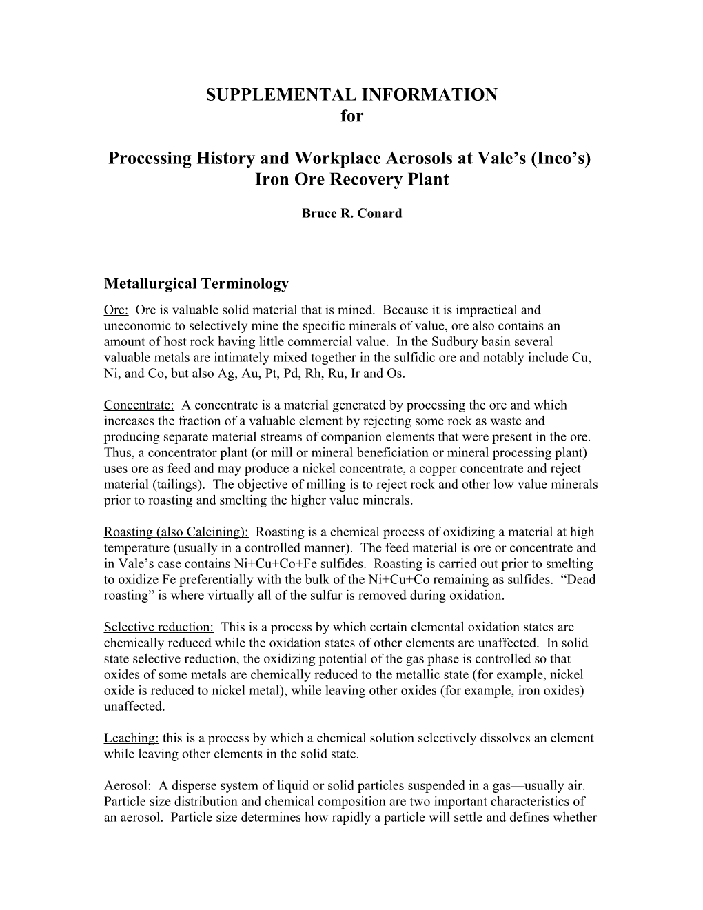 Processing History and Workplace Aerosols at Vale S (Inco S)