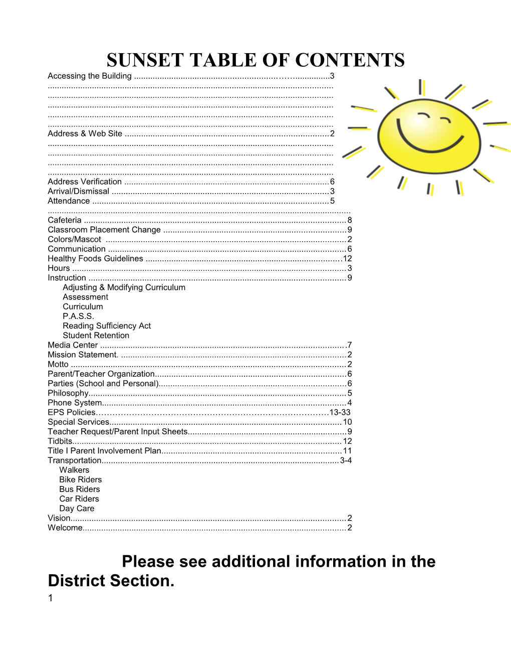 Sunset Table of Contents