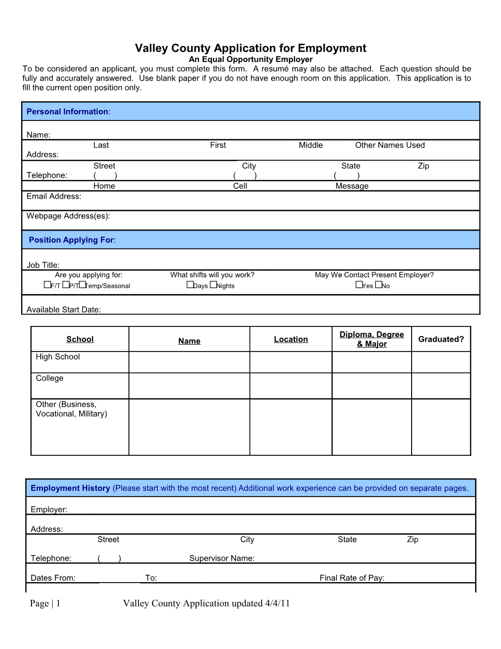 Employment Application Form - Sample