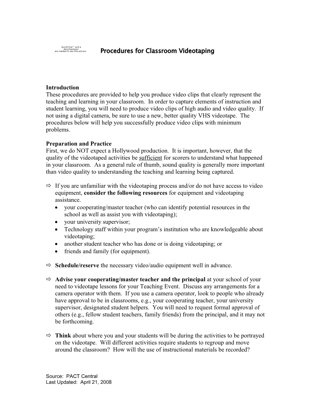 Procedures for Classroom Videotaping