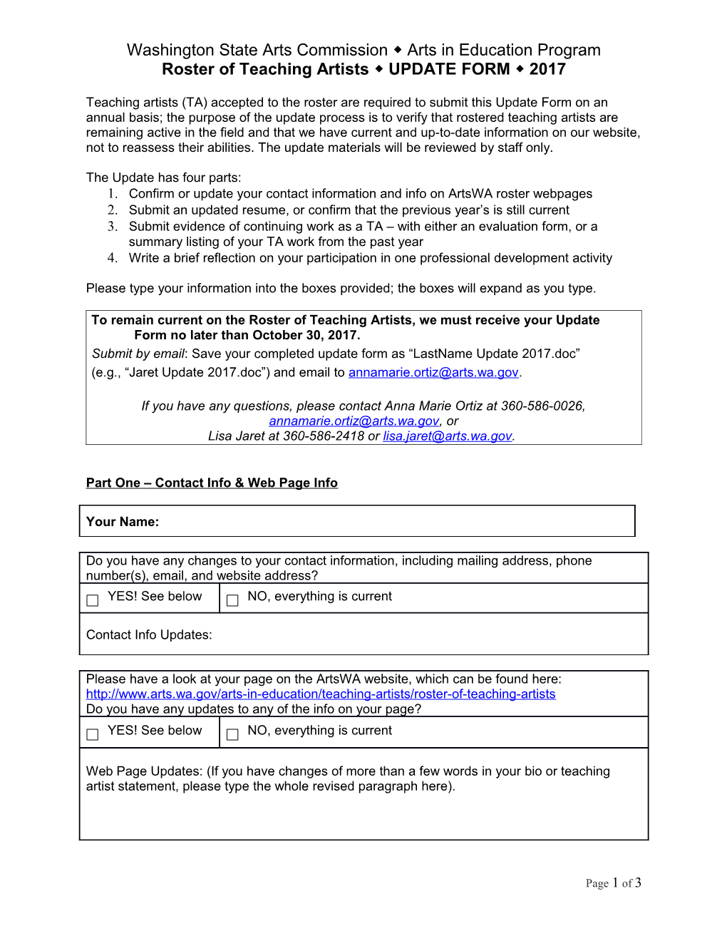 WSAC Roster of Teaching Artists Annual Update Form
