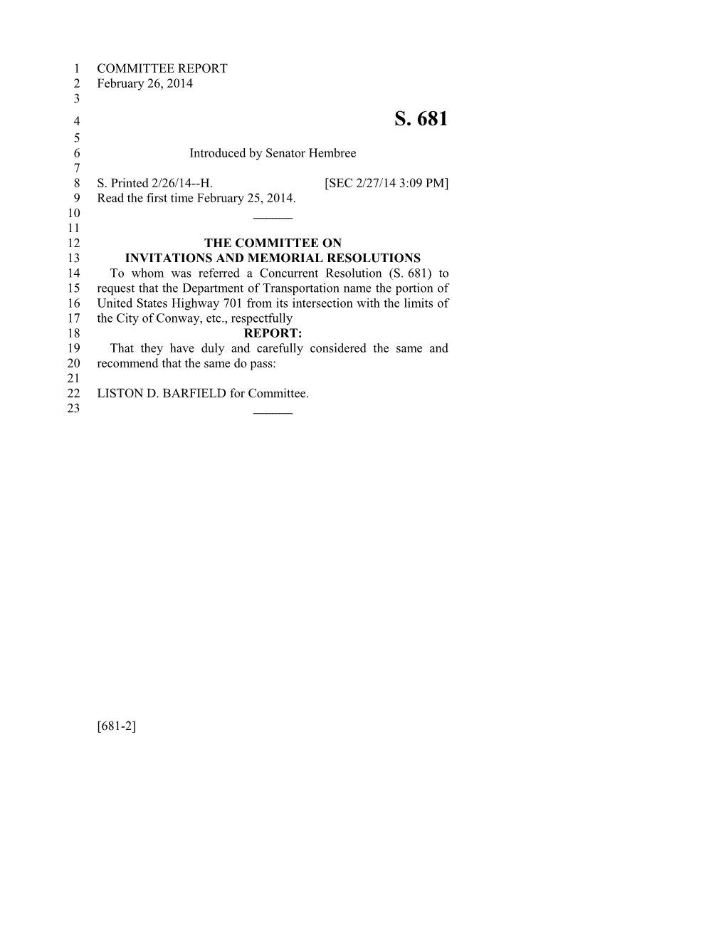 2013-2014 Bill 681: W. D. 'Billy' Witherspoon Highway - South Carolina Legislature Online