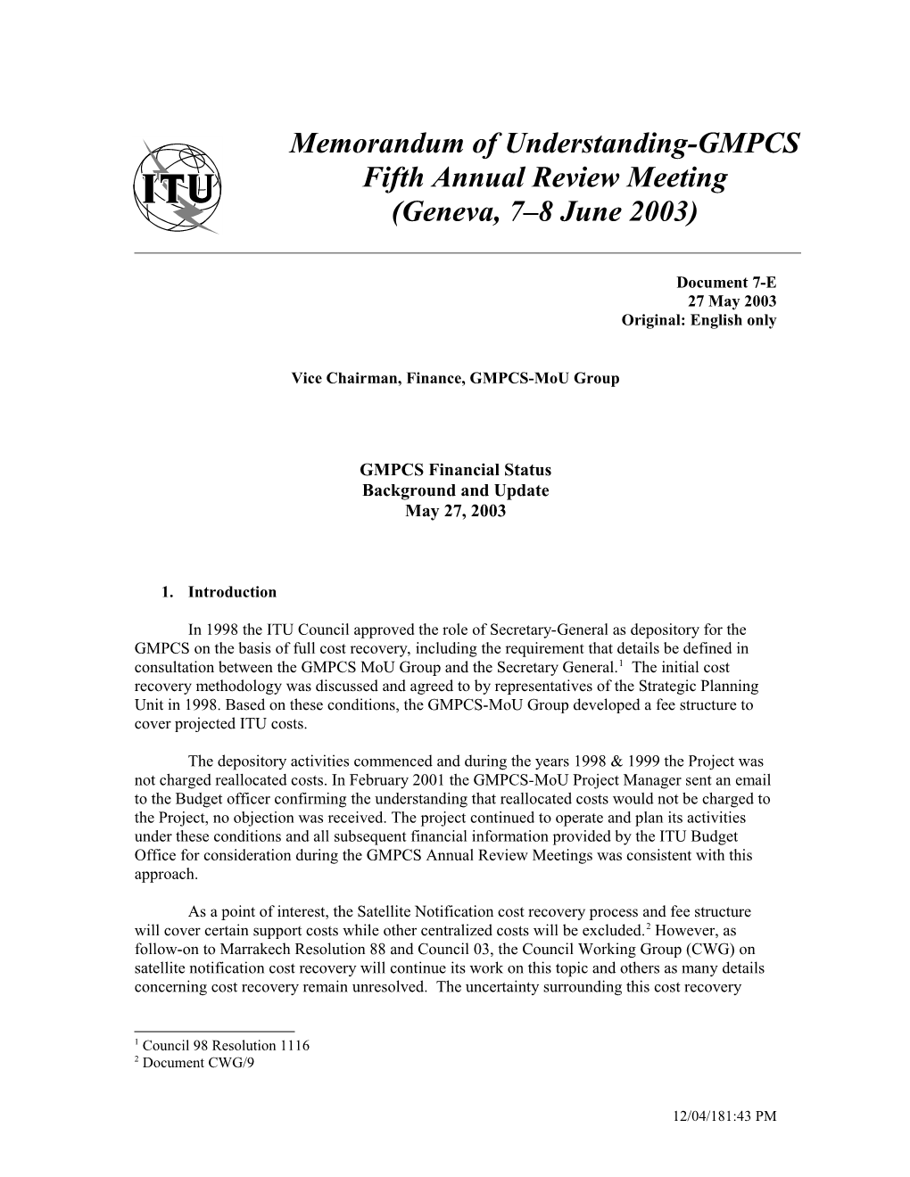 GMPCS Financial Status Background and Update (Doc.7-E)