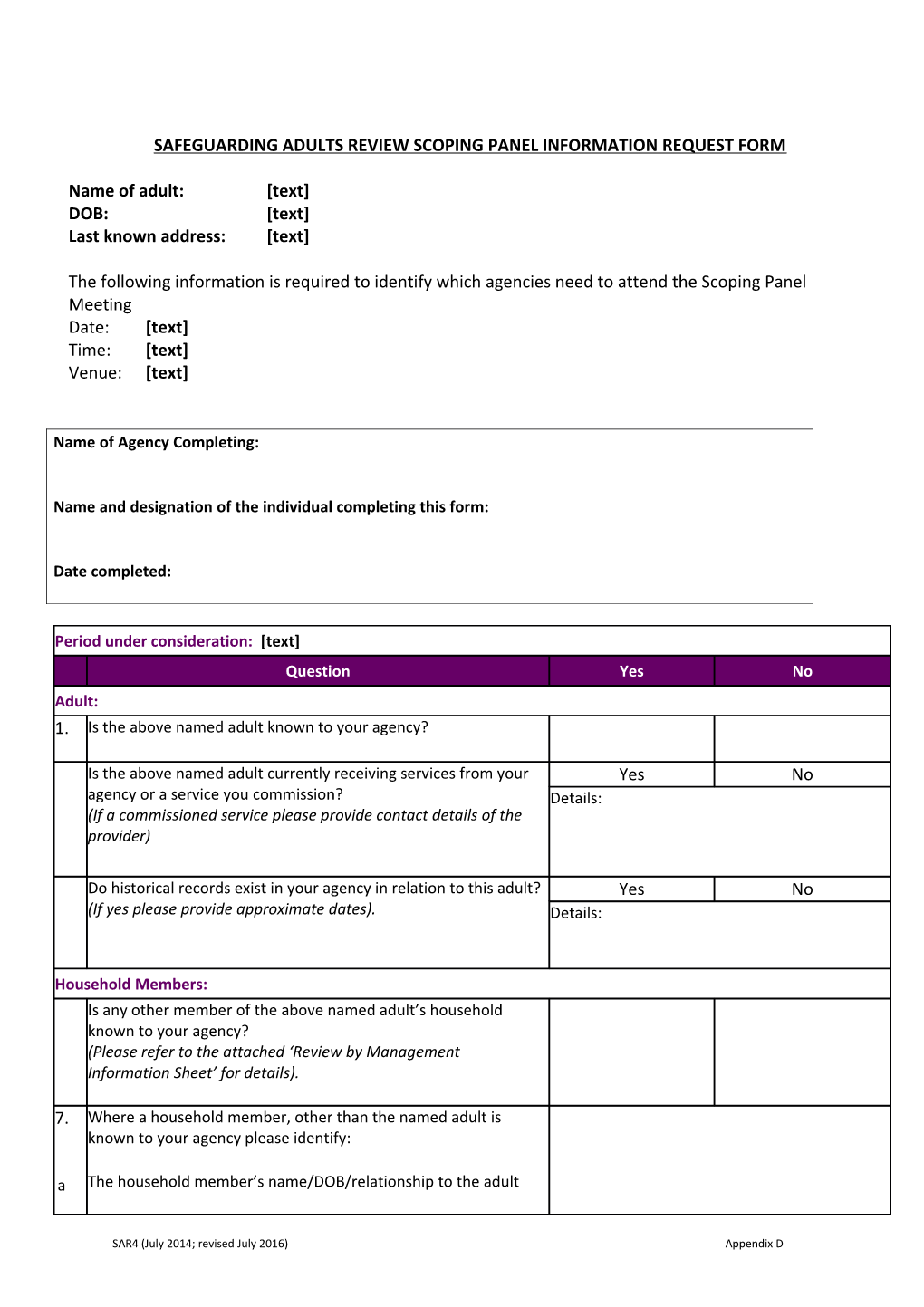 App D; SAR4 - Scoping Panel Information Request Form (July 2016)