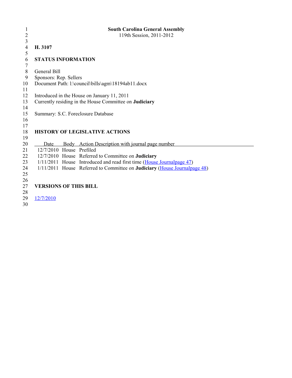 2011-2012 Bill 3107: S.C. Foreclosure Database - South Carolina Legislature Online