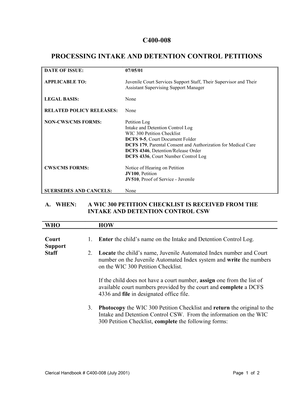 Processing Intake & Detention Control Petitions