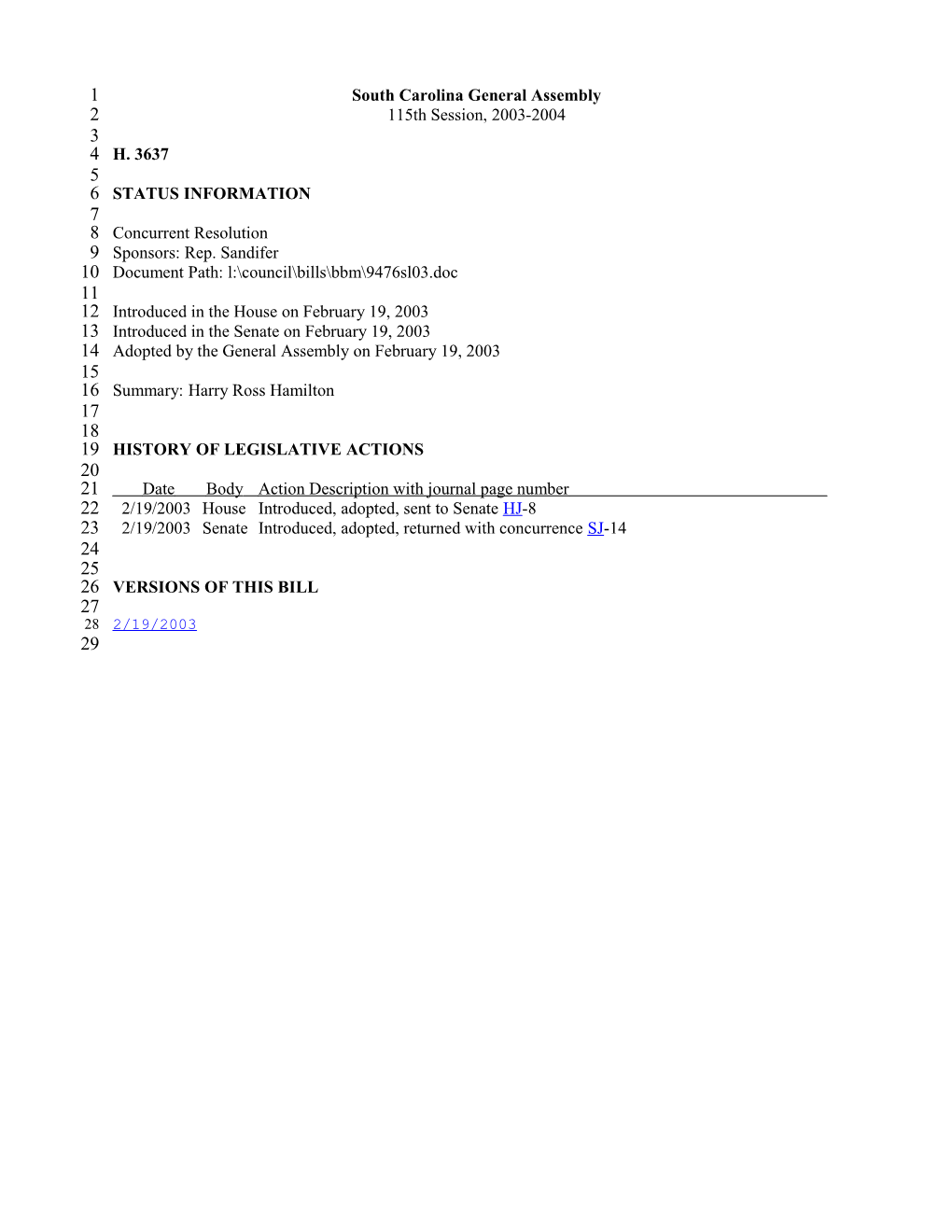 2003-2004 Bill 3637: Harry Ross Hamilton - South Carolina Legislature Online