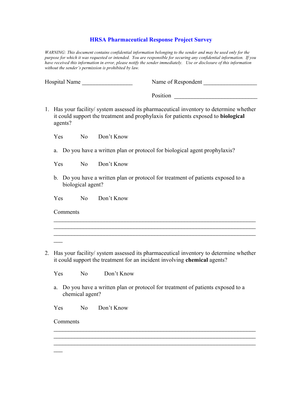 HRSA Pharmaceutical Response Project Survey